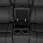 Velocity straight console close-up showing open storage compartment and two built-in cupholders
