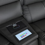 Velocity wedge console close-up showing touchscreen colour controls and illuminated wireless charging pad