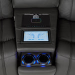 Velocity wedge console close-up with touchscreen controls, wireless charging pad and illuminated dual cupholders
