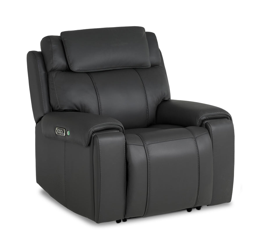 Velocity Power Reclining Home Theatre Recliner - Dark Grey angled view with padded headrest, arms and power controls