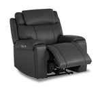 Velocity dark grey home theatre recliner angled view with power footrest extended and padded headrest