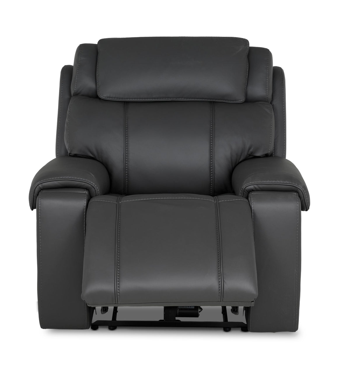 Velocity dark grey home theatre recliner front view with power footrest extended and plush padded seating