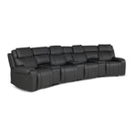 Velocity 7-Piece Leather Power Reclining Home Theatre Seating - Dark Grey with three consoles and padded headrests