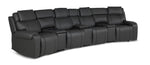 Velocity 7-Piece Leather Power Reclining Home Theatre Seating - Dark Grey with three consoles and padded headrests