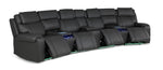 Velocity dark grey home theatre seating with power footrests extended and illuminated consoles and base lighting
