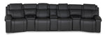 Velocity dark grey 7-piece home theatre seating front view with four recliner seats and three centre consoles