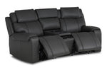 Velocity dark grey leather home theatre seating angled view with both power footrests extended and centre console