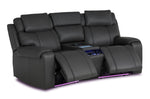 Velocity dark grey home theatre seating with both power footrests extended, illuminated cupholders and base lighting
