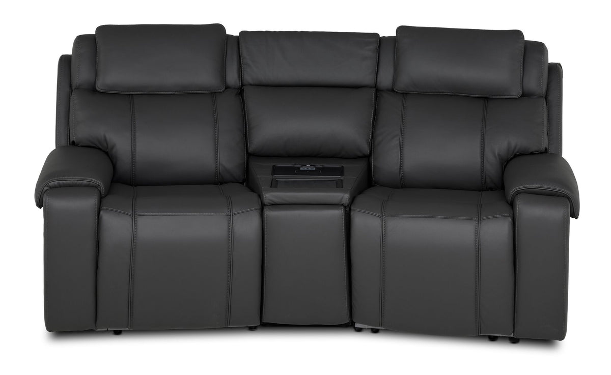 Velocity dark grey 3-piece home theatre seating front view with two recliner seats and centre wedge console