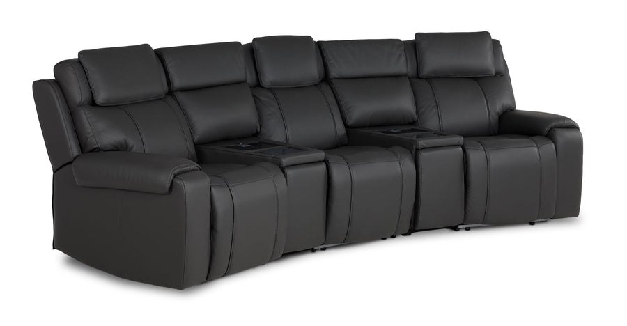 Velocity 5-Piece Leather Power Reclining Home Theatre Seating - Dark Grey with three seats and two wedge consoles