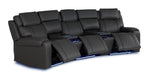 Velocity dark grey home theatre seating with three power footrests extended, illuminated cupholders and base lighting