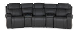 Velocity dark grey 5-piece home theatre seating front view with three recliner seats and two wedge consoles