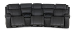 Velocity dark grey home theatre seating front view with three extended footrests and two integrated wedge consoles