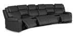 Velocity dark grey leather home theatre seating angled view with four power footrests extended and two consoles