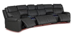 Velocity dark grey home theatre seating with four power footrests extended, illuminated cupholders and base lighting