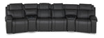 Velocity dark grey 6-piece home theatre seating front view with four recliner seats and two wedge consoles