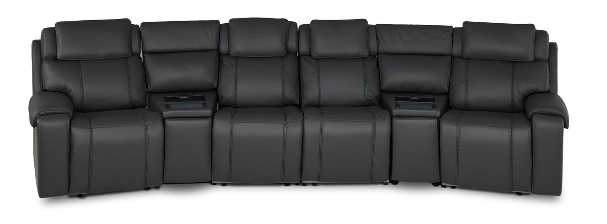 Velocity dark grey 6-piece home theatre seating front view with four recliner seats and two wedge consoles