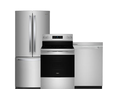 Whirlpool Fingerprint Resistant Stainless Kitchen Package with French Door Refrigerator, Electric Range & Built-In Dishwasher
