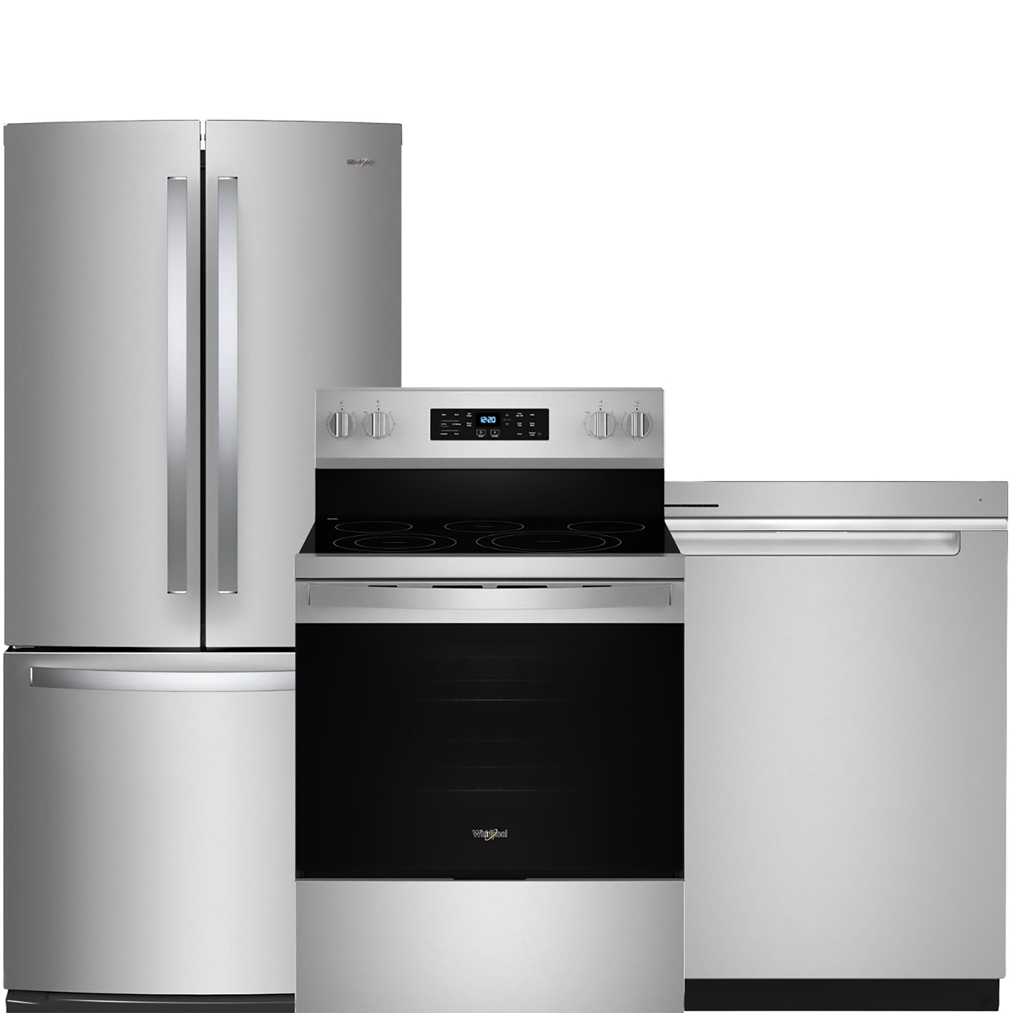 Whirlpool Fingerprint Resistant Stainless Kitchen Package with French Door Refrigerator, Electric Range & Built-In Dishwasher