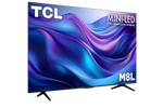 TCL 65" M8L Mini-LED Smart TV angled front view with colourful abstract graphics and two black feet