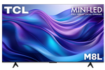 TCL 55-inch M8L Series 4K UHD HDR Mini-LED Smart TV with Google TV shown from the front with colourful abstract graphics on screen