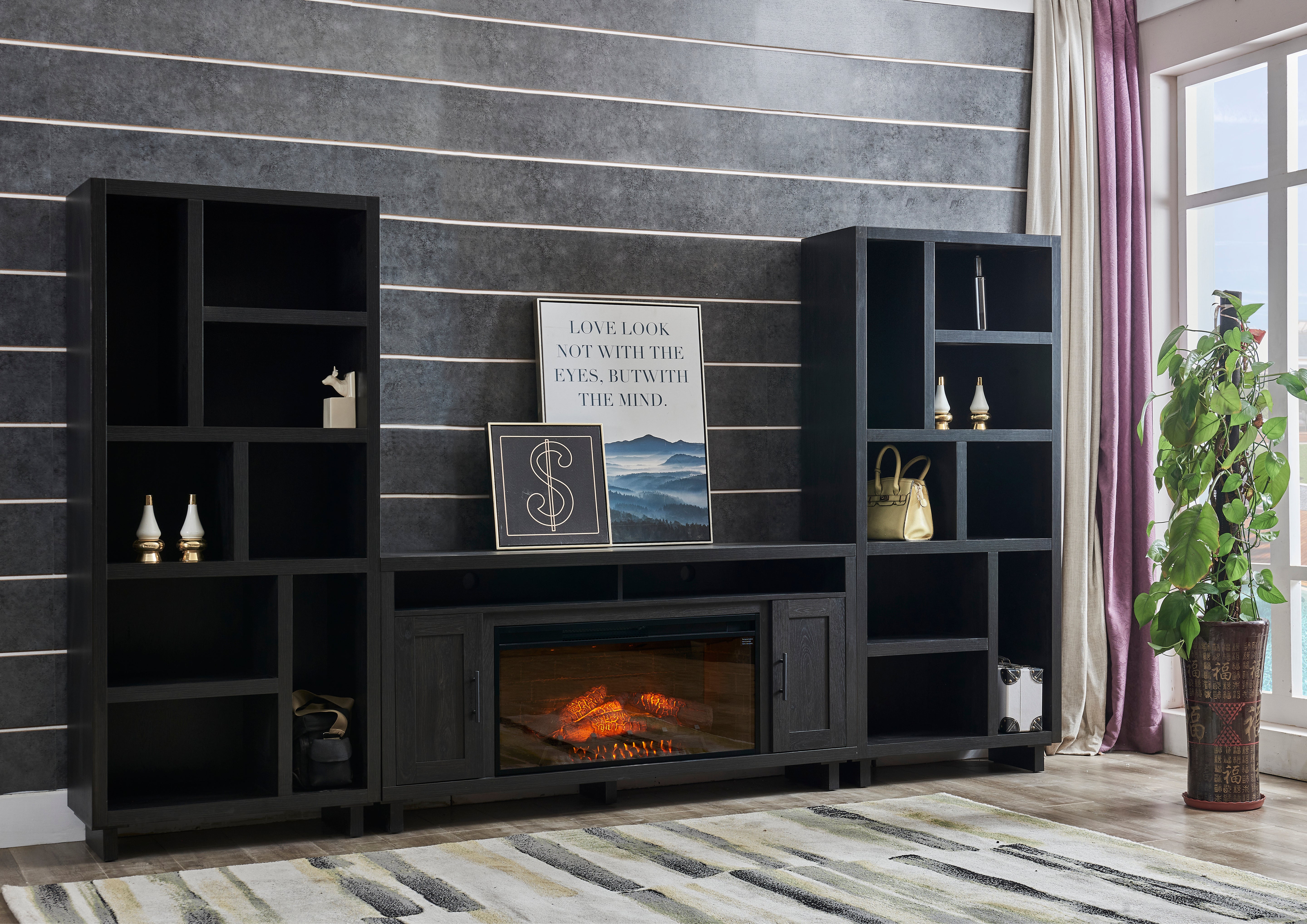 Tessan 3-Piece Fireplace Entertainment Wall Unit – Dark Grey, Brown