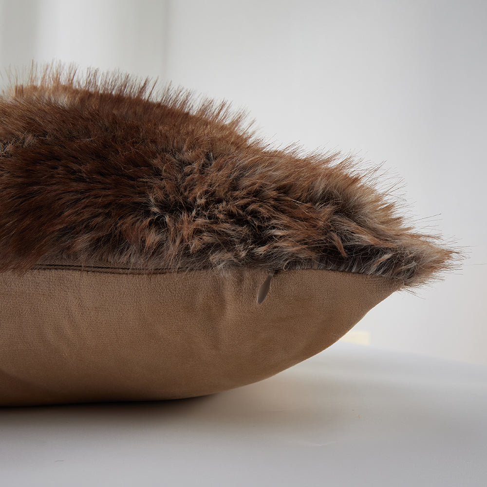 The Great Indoors 18 x 18" Faux Fur Cushion showing brown faux fur texture, smooth reverse and concealed zipper