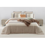The Great Indoors 5-Piece Queen Comforter Set in cream, beige and grey stripes styled on a bed with coordinating pillows