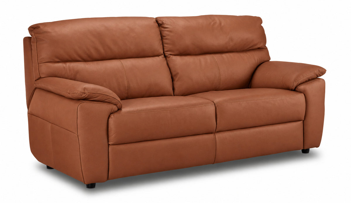 Cognac leather sofa featuring two wide seats, stitched backrests and padded arms