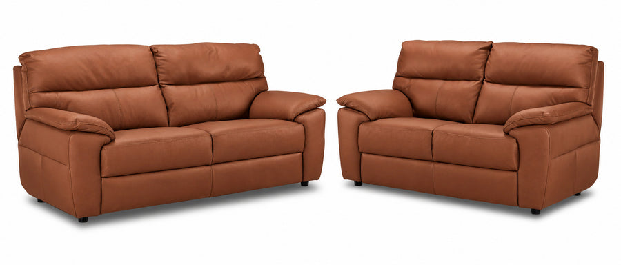Toscana cognac leather sofa and loveseat set with deep cushions and pillow-top arms