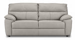 Front view of the grey leather sofa with stitched backrests, padded arms and black feet