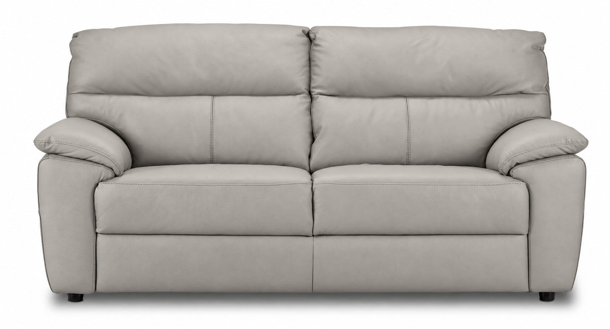 Front view of the grey leather sofa with stitched backrests, padded arms and black feet