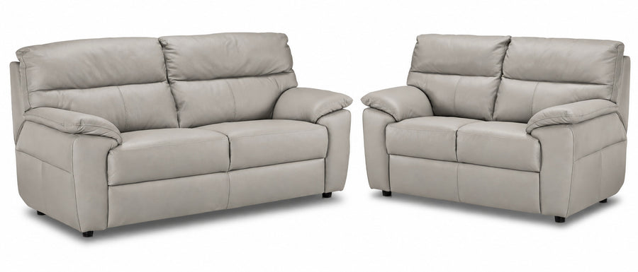 Toscana grey leather sofa and loveseat set with deep seating and pillow-top arms