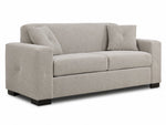 Valetta Sofa - Ivory angled view with two seat cushions, wide track arms, dark block feet and two matching accent pillows