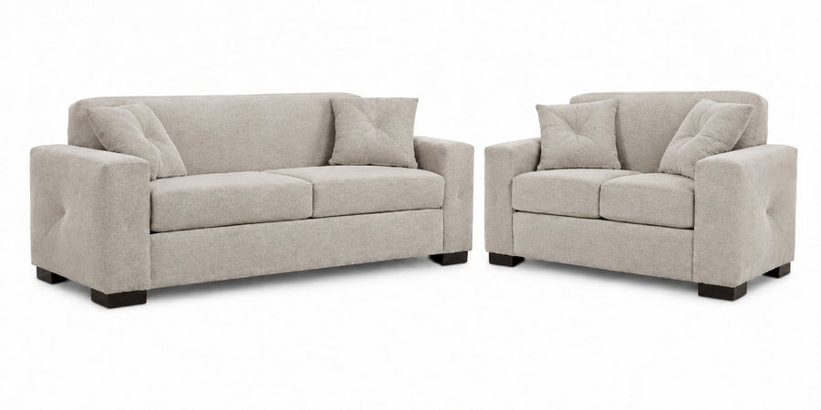 Valetta Sofa and Loveseat Set - Ivory with wide track arms, dark block feet and matching accent pillows