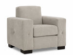 Valetta Chair - Ivory angled view with single seat cushion, wide track arms, tall back cushion and dark block feet