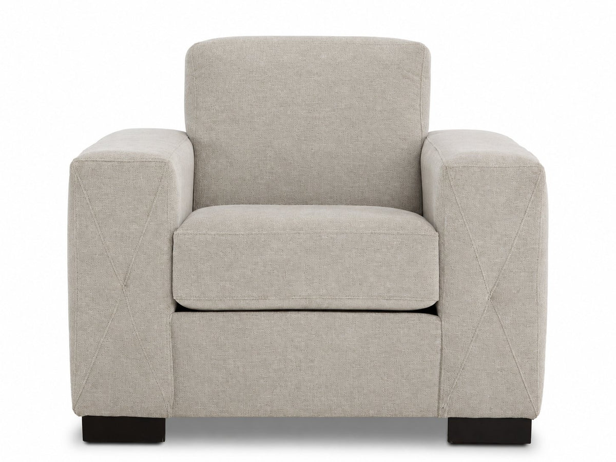 Valetta Chair - Ivory front view with single seat cushion, wide track arms, tall back cushion and dark block feet