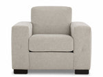 Valetta Chair - Ivory front view with single seat cushion, wide track arms, tall back cushion and dark block feet