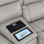 Velocity light grey wedge console close-up showing touchscreen colour controls and illuminated wireless charging pad