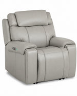 Velocity Power Reclining Home Theatre Recliner - Light Grey angled view with padded headrest, arms and power controls