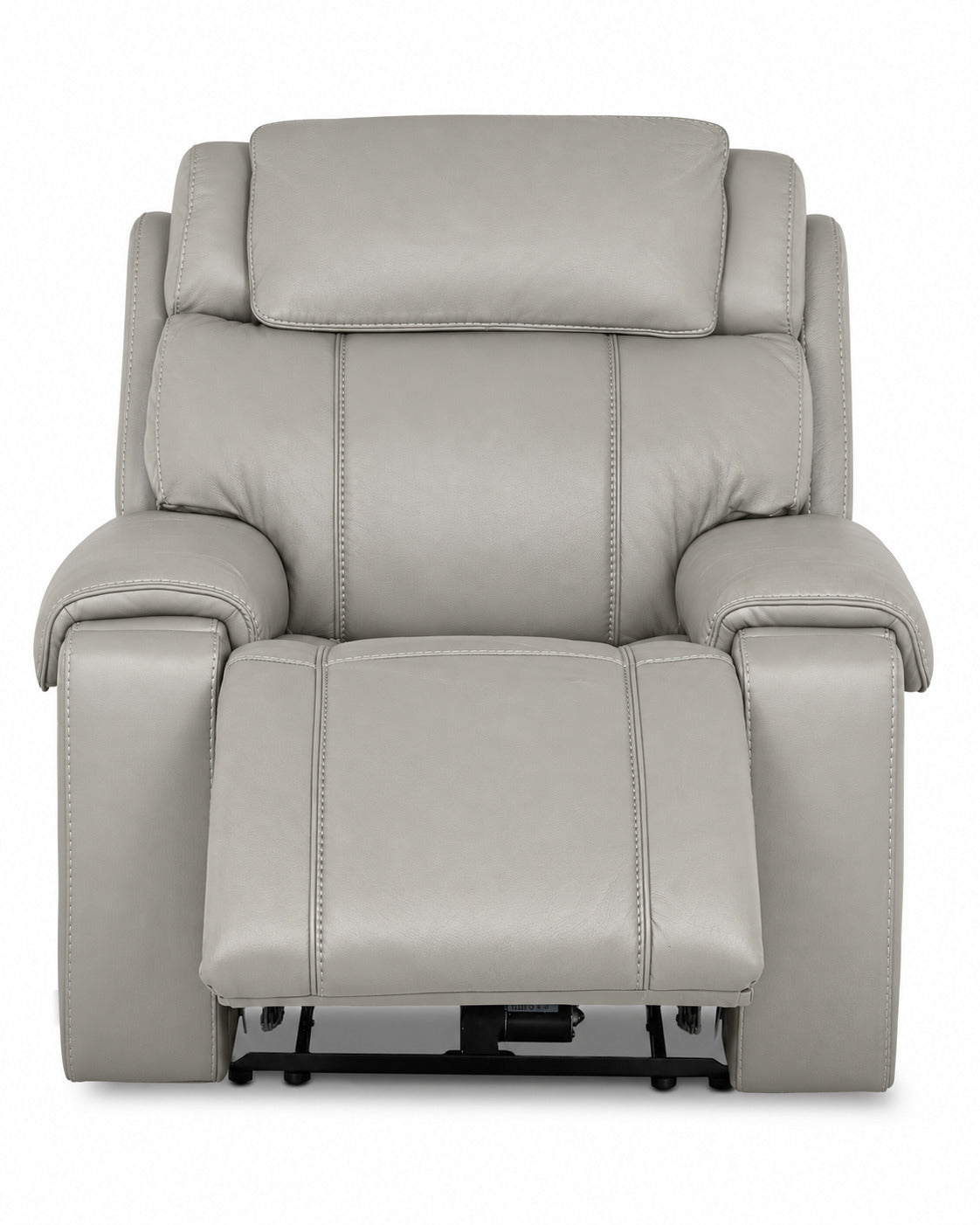 Velocity light grey home theatre recliner front view with power footrest extended and plush padded seating