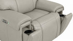 Velocity light grey home theatre recliner close-up showing hidden cupholders opened from the front arm panels