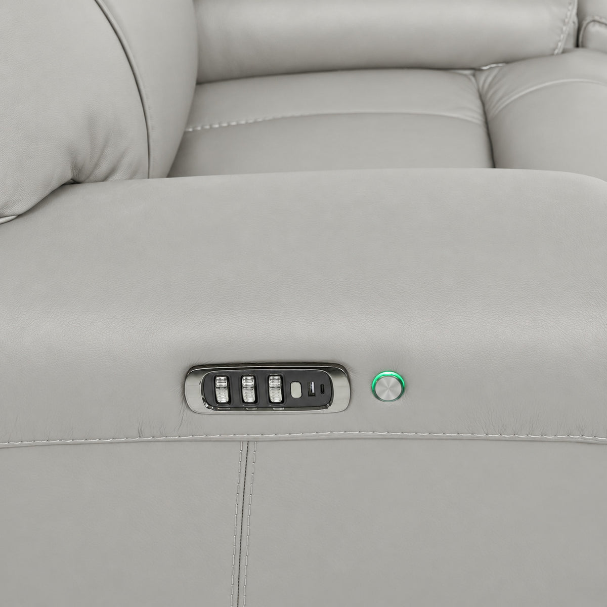 Velocity light grey home theatre recliner close-up showing power controls, USB port and illuminated round button