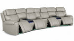 Velocity light grey home theatre seating with four power footrests extended, illuminated cupholders and base lighting