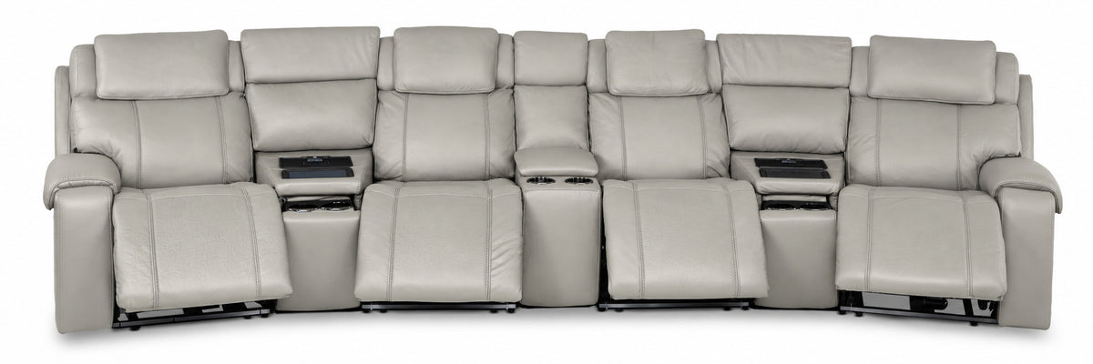 Velocity light grey home theatre seating front view with four extended footrests and three integrated consoles