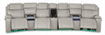 Velocity light grey home theatre seating front view with extended footrests, open console and illuminated base lighting