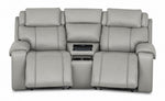 Velocity light grey home theatre seating front view with both power footrests extended and centre wedge console
