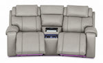Velocity light grey home theatre seating front view with extended footrests, illuminated console and base lighting