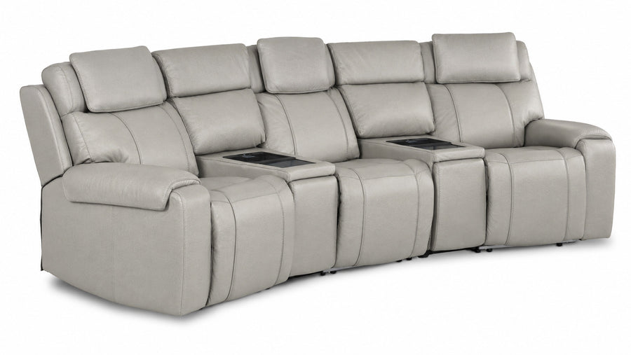 Velocity 5-Piece Leather Power Reclining Home Theatre Seating - Light Grey with three seats and two wedge consoles