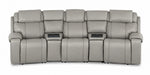 Velocity light grey 5-piece home theatre seating front view with three recliner seats and two wedge consoles